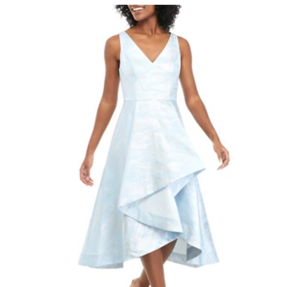 Adrianna Papell  Metallic Jacquard Dress Size 12 Blue Silver Hi-Lo Sleeveless